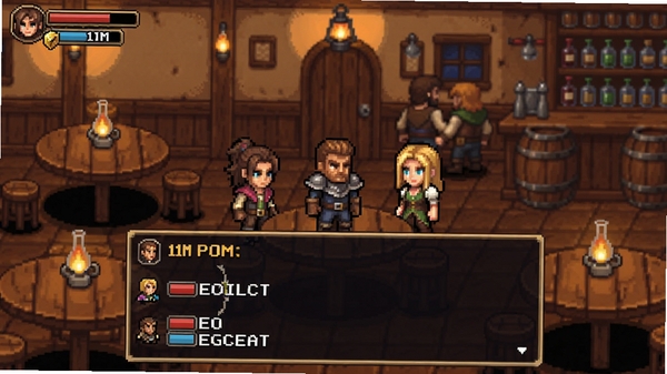 RPG类 11M剧情对话场景,像素角色面对面交谈,对话框显示选项,背景为酒馆内部,木桌油灯,氛围温馨,突出分支选择机制