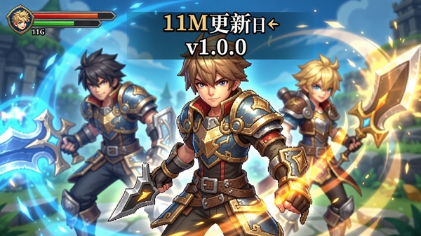 RPG类 11M更新日志截图,手机屏幕显示v1.0.0版本信息,背景为游戏角色和光效,整体色调明亮,突出新增内容