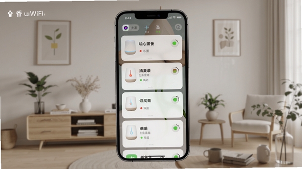 我的香薰WiFi多设备管理界面截图,手机屏幕中显示多个香薰设备卡片,每个卡片有设备名称和状态图标,背景为简约家居环境,画面层次分明,色彩柔和