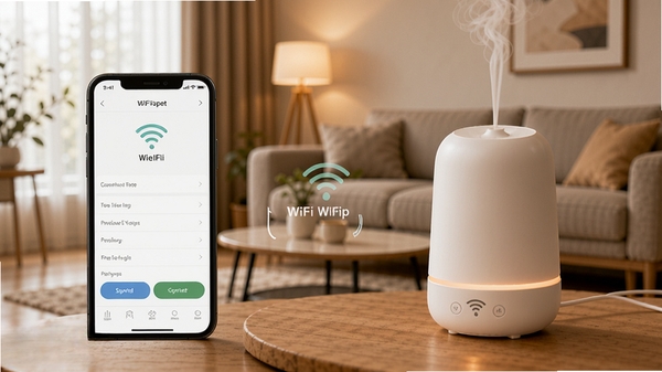 我的香薰WiFi配网连接流程示意图,手机显示WiFi设置页面,旁边是香薰机设备,背景为现代客厅,画面强调简单易用的连接步骤,色调温暖