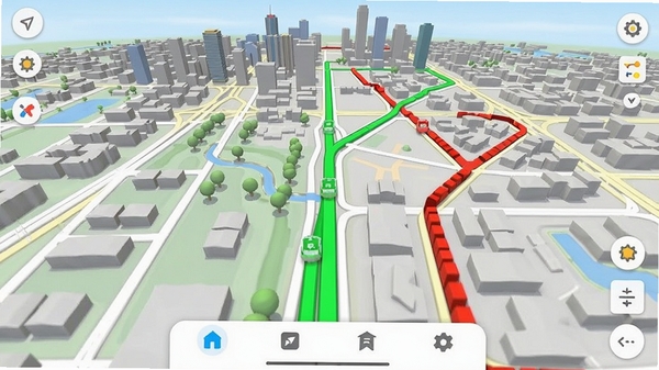 无极智能导航地图主界面截图,展示3D立体地图与实时路况,绿色畅通路线与红色拥堵路段清晰可见,底部导航栏功能图标简洁,背景为城市俯瞰图,整体色调清爽明亮,细节丰富,适配Boogu模型生成