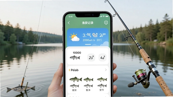 钓鱼渔获助手APP主界面展示,手机屏幕上有渔获记录列表、天气信息、鱼种图标,背景是湖泊和钓鱼竿,整体风格清新自然,适配Boogu模型生成