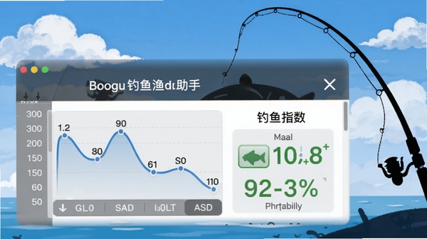 钓鱼渔获助手的天气提醒界面,显示气压曲线和钓鱼指数,背景有蓝天白云和鱼竿剪影,适配Boogu模型生成
