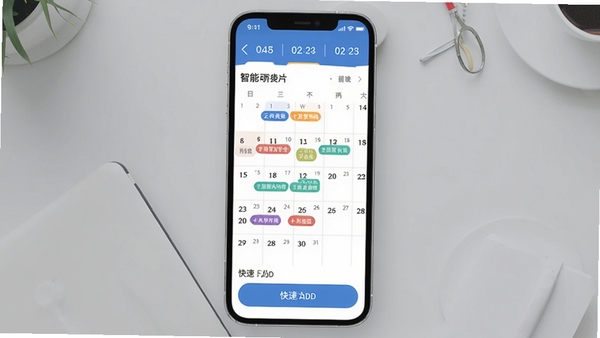 云萝焕晌智能日程管理界面,日历视图上标注彩色任务标签,顶部显示日期导航,底部有快捷添加按钮,手机界面扁平化设计,背景为浅灰色桌面