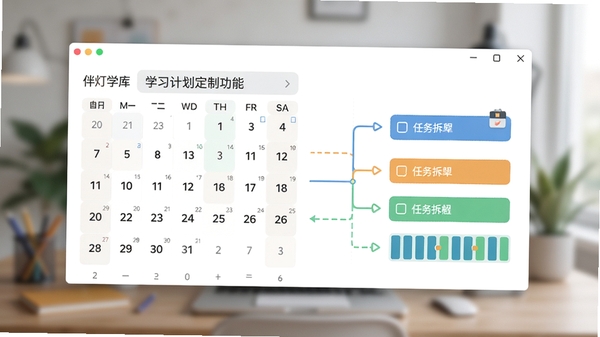 伴灯学库学习计划定制功能界面截图,展示日历视图与任务拆解线条,风格扁平化,色彩明快,背景虚化处理突出前景APP窗口