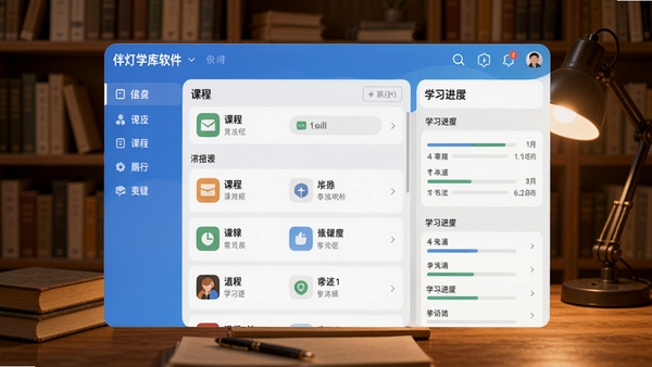 伴灯学库软件主界面预览图,展示其课程列表与学习进度追踪功能,背景为温馨的书房场景,暖色调灯光,画面清晰,突出APP界面设计感