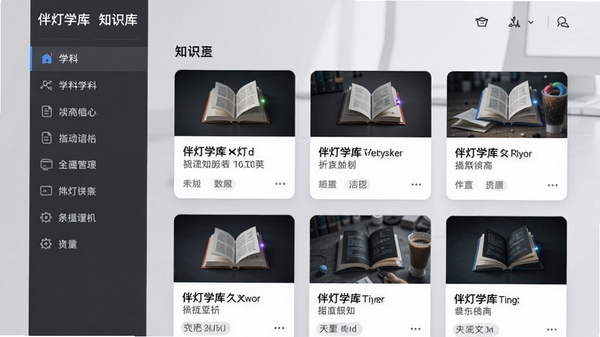 伴灯学库知识库分类浏览页面,左侧为学科导航栏,右侧展示卡片式知识点预览,背景为现代简约风格,浅灰色调,突出内容层级结构