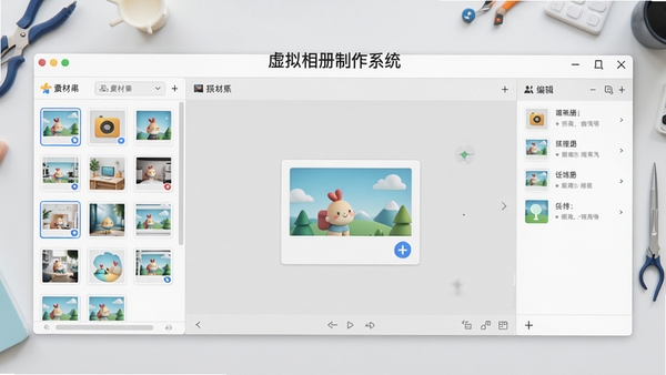 虚拟相册制作系统主界面全览,左侧素材库、中间预览窗口、右侧编辑面板,整体风格简洁明亮,背景为浅灰色工作台,图标清晰,突出软件名称虚拟相册制作系统