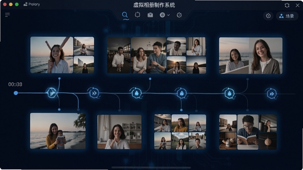 虚拟相册制作系统智能排序功能演示,时间线视图上照片自动分组,每组间有动态转场图标,界面高亮显示匹配的场景模板缩略图,背景为深蓝色调突出科技感,软件名称虚拟相册制作系统显示在顶部工具栏