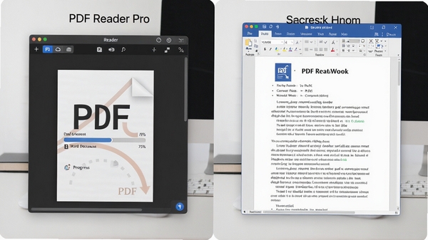 一张对比风格的图片,左侧是PDF Reader Pro软件界面,显示正在将PDF文件转换为Word文档的进度条,右侧则展示转换成功后的Word文档内容,画面整洁,突出软件转换功能的高效与准确,背景为简洁的办公桌面。