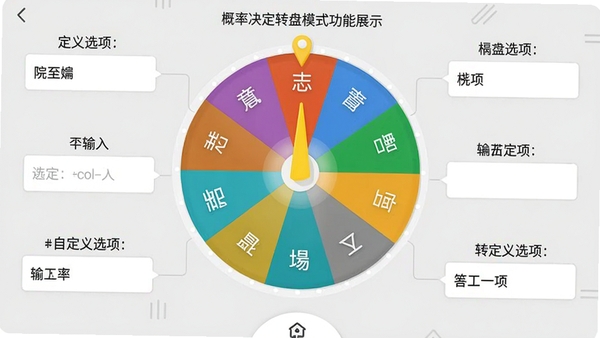 让概率决定转盘模式功能展示图,画面中央是一个彩色扇形转盘,指针指向其中一个选项,转盘周围有输入自定义选项的文本框,界面清晰,带有中文提示,背景为浅灰色,风格清新
