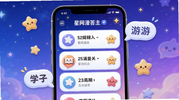 星网漫答主界面预览图,手机屏幕中展示问答闯关列表,背景为渐变的星空蓝紫色,界面元素圆润可爱,有星星和漫游对话气泡装饰,整体明亮清晰,突出学习与互动氛围,适合应用商店截图风格,4k高清