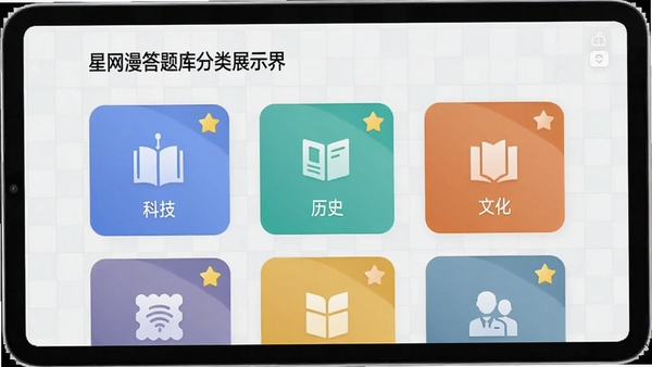 星网漫答题库分类展示界面,屏幕中显示科技、历史、文化等彩色图标卡片,每张卡片上有一个小星星图标,背景为浅色网格,风格简洁现代,突出分类清晰与内容丰富的特点,应用截图风格,高清