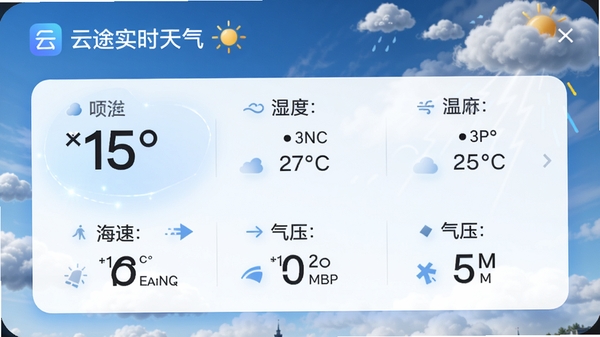 云途实时天气应用内实时数据面板特写,显示温度、湿度、风向风速、气压等详细指标,背景为动态天气场景模拟,界面采用蓝白渐变主色调,数字清晰,光效柔和,体现专业气象服务的科技感