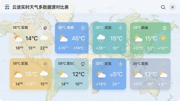 云途实时天气多数据源对比界面,屏幕显示多个来源的温度和天气图标对比卡片,背景为淡色网格地图,界面简洁,数据条清晰,色调清新,体现科学对比与专业感