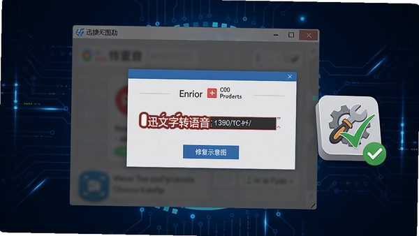 迅捷文字转语音错误提示弹窗修复示意图,画面展示一个电脑窗口出现错误代码,旁边有修复工具图标和勾选标记,背景为深蓝色科技风格