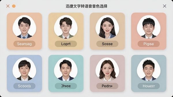 迅捷文字转语音音色选择界面,展示多个人物头像图标与语言标签,界面采用卡片式布局,色彩柔和,背景为浅灰色,突出音色多样性