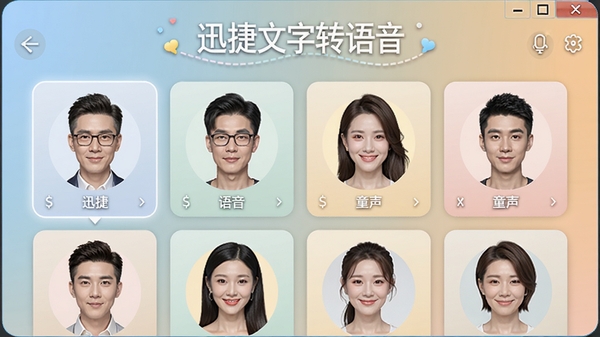 迅捷文字转语音音色选择界面,展示多个发音人头像列表,包含男女声和童声选项,界面色彩柔和,突出软件名称,细节丰富