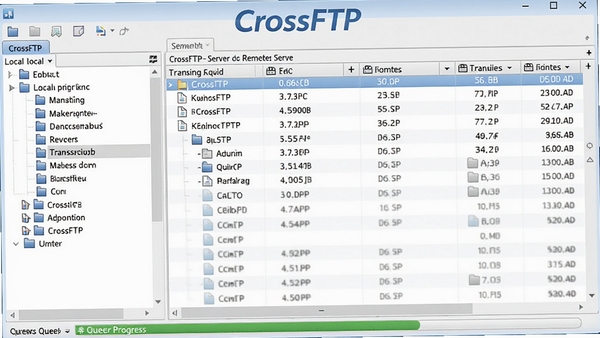 CrossFTP 主界面截图,左侧为本地目录树,右侧为远程服务器文件列表,底部显示传输队列进度条,整体界面清晰简洁,双栏布局,蓝白配色,突出软件名称CrossFTP标识