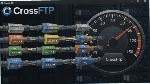 CrossFTP 传输加速界面,画面显示多线段并行下载示意图,模拟多个数据包同时通过管道传输,背景为速度仪表盘,强调多线程加速概念,配以CrossFTP字样