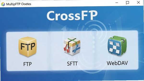 CrossFTP 多协议连接界面,显示FTP、SFTP、WebDAV等协议选项图标,每个图标下方有对应名称,背景为渐变蓝色,突出跨平台多协议连接功能,软件名称 CrossFTP 出现在界面顶部