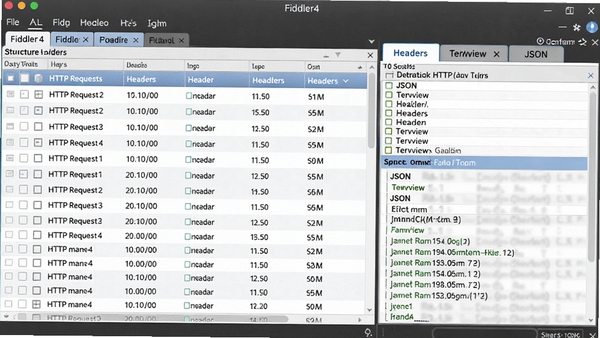 Fiddler4软件功能展示图,展示捕获的HTTP请求列表,右侧显示Headers、TextView、JSON等不同标签页内容,突出数据解码与结构化展示能力