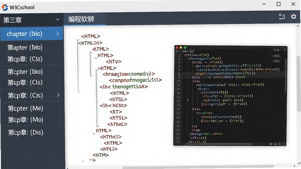 W3Cschool编程狮软件离线教程内容展示,屏幕上显示HTML标签与CSS样式代码示例,左侧有章节导航列表,整体风格专业清晰