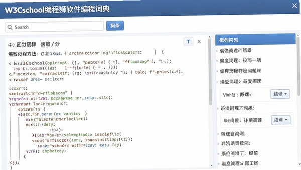 W3Cschool编程狮软件编程词典功能截图,展示一个函数或方法的详细解释与代码示例,界面布局清晰,有搜索框与词条列表