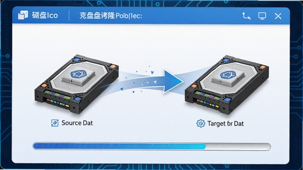 易我磁盘拷贝磁盘克隆过程示意图,显示源硬盘与目标硬盘之间的数据传输动画,克隆进度条清晰可见,界面以蓝色和白色为主,科技感与专业感并重