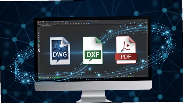 浩辰CAD 2024文件兼容性展示,电脑屏幕中显示DWG、DXF、PDF三种文件格式图标,周围环绕流畅的蓝色数据连接线,背景为抽象的数字网络节点,体现高效互通