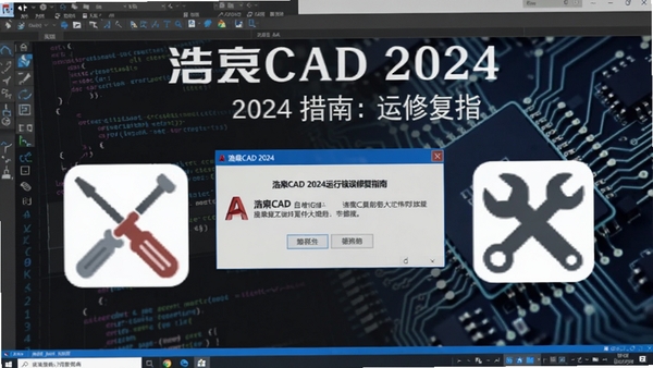浩辰CAD 2024运行错误修复指南,电脑屏幕显示错误弹窗,旁边有螺丝刀和扳手工具图标,背景为代码与电路板纹理,色调偏冷,体现技术修复氛围