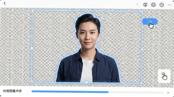 AI抠图魔术师一键智能识别操作演示,鼠标点击按钮,图片中的人物主体被高亮选中,背景变为透明网格,边缘处理精细,界面显示处理进度条,整体视觉清晰直观