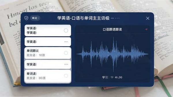 学英语-口语与单词主界面预览图,展示清爽的深蓝色学习面板,左侧是单词列表,右侧为口语跟读波形图,背景有模糊的英文书籍元素,整体风格现代简约,高清渲染