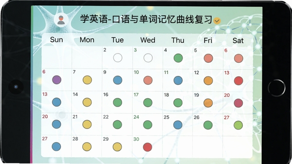 学英语-口语与单词记忆曲线复习界面,展示一个日历打卡表,上面标记着不同颜色的圆点表示复习紧迫度,背景有脑神经连接的网络抽象图,配色清新淡雅