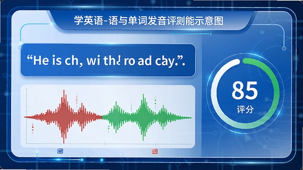 学英语-口语与单词发音评测功能示意图,界面显示一句英文例句,下方有红绿交错的波形对比图,右侧有85分的评分圆环,整体色调以蓝白为主,科技感十足