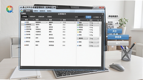 象过河仓库管理软件经典版运行主界面截图,展示清晰的菜单栏、库存列表和单据操作按钮,背景为整洁的办公桌面环境,整体风格简洁明亮