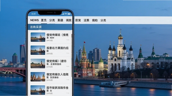 俄觉传媒主界面预览图,展示新闻列表与分类导航栏,背景为莫斯科城市天际线,色调以蓝白为主,界面简洁现代,适配手机竖屏显示