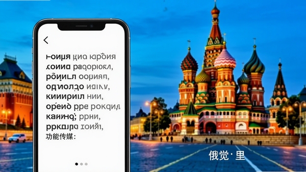俄觉传媒智能翻译功能演示,手机屏幕左侧显示俄语原文,右侧显示中文翻译,背景为莫斯科红场,色彩明亮,突出双语对照效果