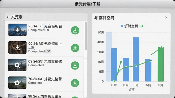 俄觉传媒离线下载界面,展示已下载的文章列表与存储空间占用图表,背景为简洁的灰色纹理,配以绿色下载完成图标,风格清爽