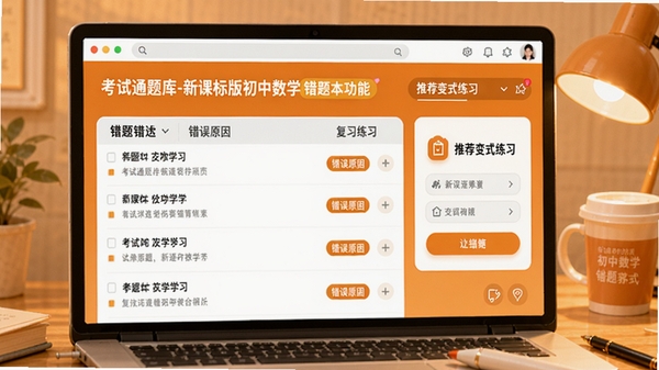 考试通题库-新课标版初中数学的错题本功能展示,界面呈现错题列表、错误原因标签以及推荐变式练习的入口,背景采用温暖的橙色色调,突出复习巩固的学习氛围