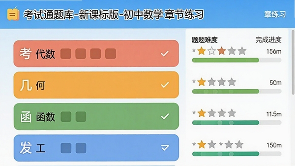考试通题库-新课标版初中数学的章节练习界面,展示代数、几何、函数等不同章节的分类列表,右侧显示题目难度星级与完成进度条,色彩搭配明亮清晰