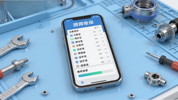 蹲蹲维保主界面3D渲染图,手机屏幕显示设备列表和维修进度条,背景为浅蓝色科技感工作台,工具与零件散落,整体明亮清晰,突出软件名称“蹲蹲维保”