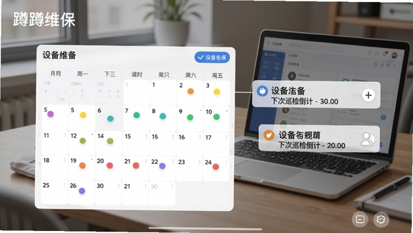 蹲蹲维保智能巡检日历界面截图风格,日历上标记彩色圆点提醒,旁边显示设备名称和下次巡检倒计时,背景为办公桌与笔记本电脑,柔和自然光,突出软件名称“蹲蹲维保”