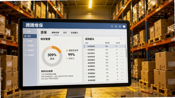 蹲蹲维保耗材库存管理界面,显示滤芯剩余百分比和采购建议列表,背景为仓库货架与纸箱,暖黄色灯光,写实风格,突出软件名称“蹲蹲维保”