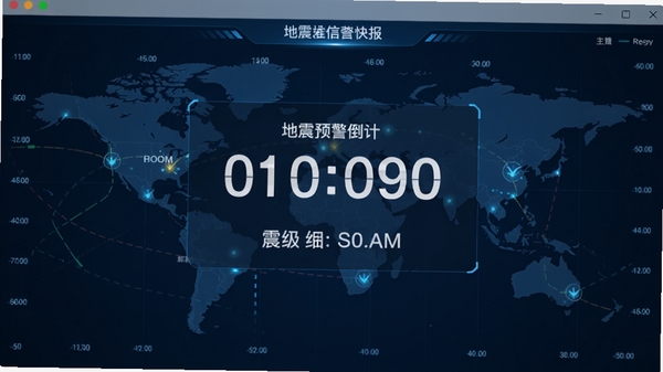 地震Timely预警快报软件主界面预览图,画面中央显示模拟地震预警倒计时和震级信息,背景为简洁的深蓝色科技感地图界面,坐标明确,光线明亮,整体风格专业且富有安全感,适配Boogu模型生成。