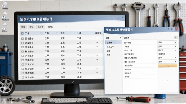 恒泰汽车维修管理软件维修工单操作界面,画面显示工单列表与详情编辑窗口,背景为电脑桌面与汽车维修工具,色彩柔和,突出流程清晰的特点