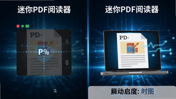 迷你PDF阅读器启动速度对比图,左侧显示普通软件缓慢加载,右侧显示迷你PDF阅读器瞬间打开,背景为蓝色科技感光效,突出快速启动的特点,高清渲染