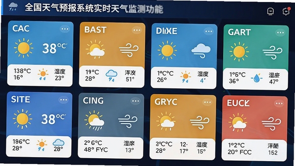 全国天气预报系统实时天气监测功能界面,展示多个城市天气卡片,包含温度、湿度、风力图标,界面采用卡片式布局,色彩明快,数据清晰可见