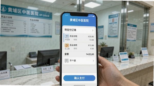黄埔区中医医院APP缴费页面,显示待支付订单列表,包含药品明细与金额,底部有确认支付按钮,背景为医院收费窗口,突出移动支付便捷性
