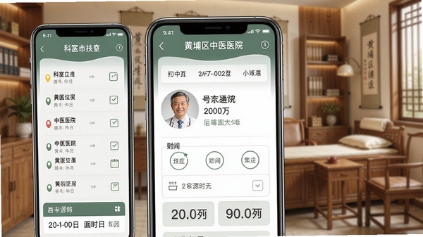 黄埔区中医医院APP预约挂号功能页面截图风格,展示科室列表、医生头像、号源时间选择界面,手机界面清晰显示日期与剩余号数,背景为中医诊室环境,色调温和,突出便捷操作
